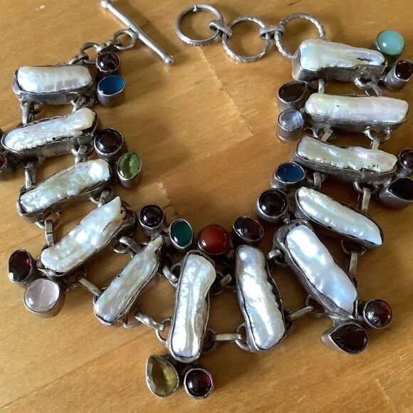 Sterling SILVER 925 MOTHER OF PEARL/MULTICOLOR GEMSTONE GORGEOUS BRACELET​​ - Picture 4 of 8